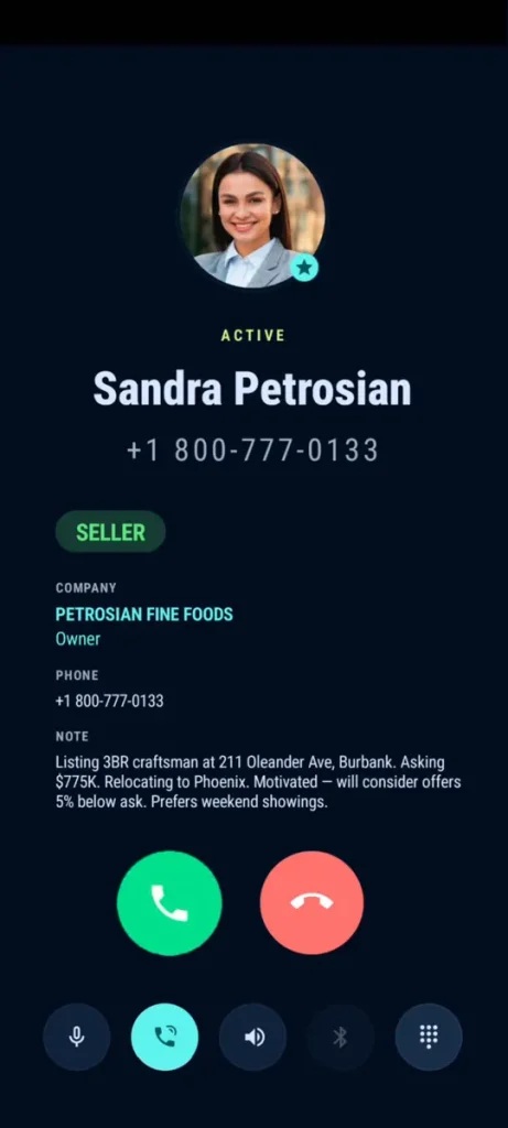 Business Dialer incoming call screen showing a seller contact note with the listing address, asking price, the seller relocating, and a preference for weekend showings, all visible before the call is answered.